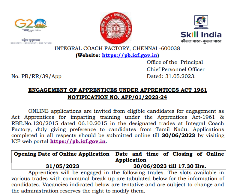 Railway Integral Coach Factory, ICF Chennai Apprentices 2023, Apply Online for 782 Post/रेलवे इंटीग्रल कोच फैक्ट्री ICF चेन्नई अपरेंटिस 2023, 782 पोस्ट के लिए ऑनलाइन आवेदन करें 2 image 27