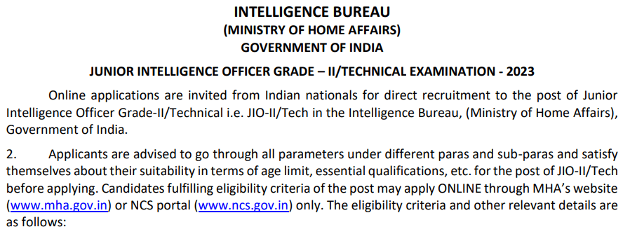 MHA Intelligence Bureau, Junior Intelligence Officer, Technical Recruitment 2023, Apply Online / इंटेलिजेंस ब्यूरो आईबी जूनियर इंटेलिजेंस ऑफिसर 2023 ऑनलाइन 2 image 8